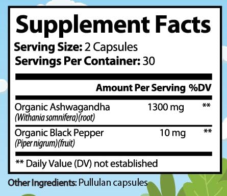 Premium Organic Ashwagandha with Black Pepper - 1300mg per Serving, 60 Capsules - Made in USA, FDA Registered Facility - Enhanced Absorption with Piperine for Optimal Performance - Maple Wellness Supplements