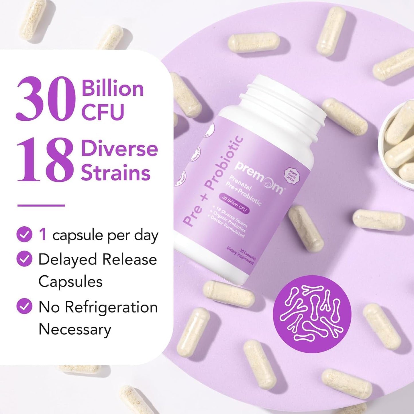 Premom Prenatal Prebiotics & Probiotics for Women, 30 Billion CFU, 18 Strains, Organic Prebiotic & Womens Probiotic, Vaginal, Gut, & Digestive Health + Immune Support Supplement - Maple Wellness Supplements