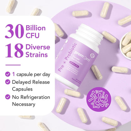 Premom Prenatal Prebiotics & Probiotics for Women, 30 Billion CFU, 18 Strains, Organic Prebiotic & Womens Probiotic, Vaginal, Gut, & Digestive Health + Immune Support Supplement - Maple Wellness Supplements