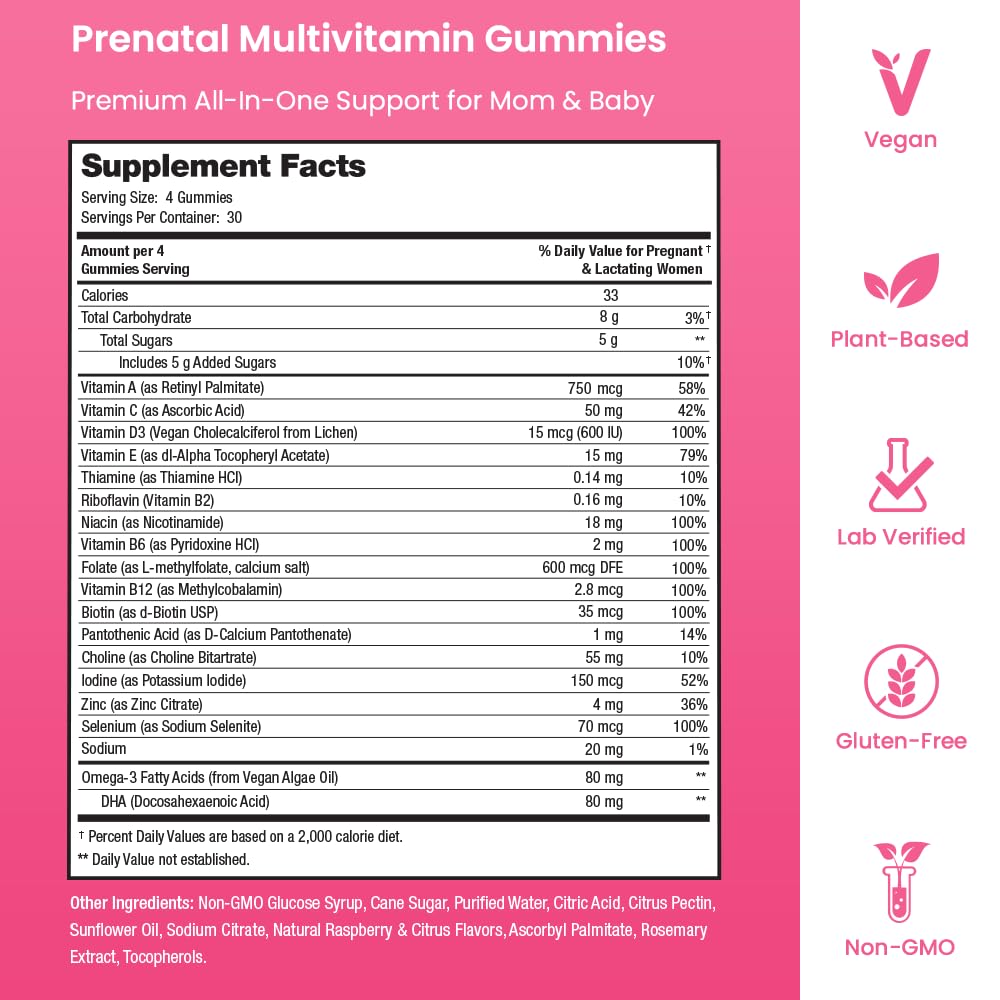 Prenatal Vitamin Gummies with DHA | Vegan Prenatal Vitamins for Women with Omega 3, Methylfolate, Choline & D3, Pregnancy Vitamins for Fetal Development - Maple Wellness Supplements
