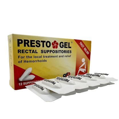 Presto Gel - Natural Hemorrhoid Rectal Suppositories - Rapid Hemorrhoid Treatment and Relief from Itching, Swelling, Burning and Discomfort - Pack of 12 - Maple Wellness Supplements