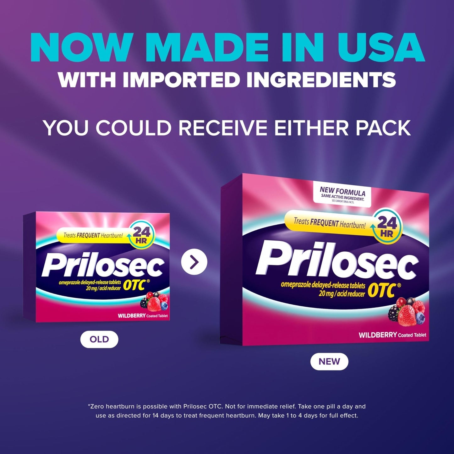 Prilosec OTC, Omeprazole Delayed Release 20mg, Acid Reducer, Treats Frequent Heartburn for 24 Hour Relief, All Day, All Night*, Heartburn Medicine, 20mg, Wildberry Flavor, 14 Tablets - Maple Wellness Supplements