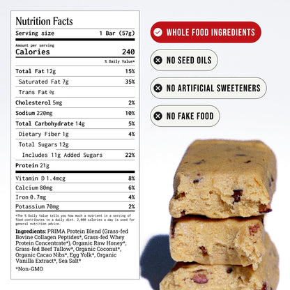 PRIMA Cookie Dough Protein Bar | 21g Grass Fed Whey and Collagen | No Seed Oils, No Preservatives, Raw Honey Sweetened | 7 Pack - Maple Wellness Supplements
