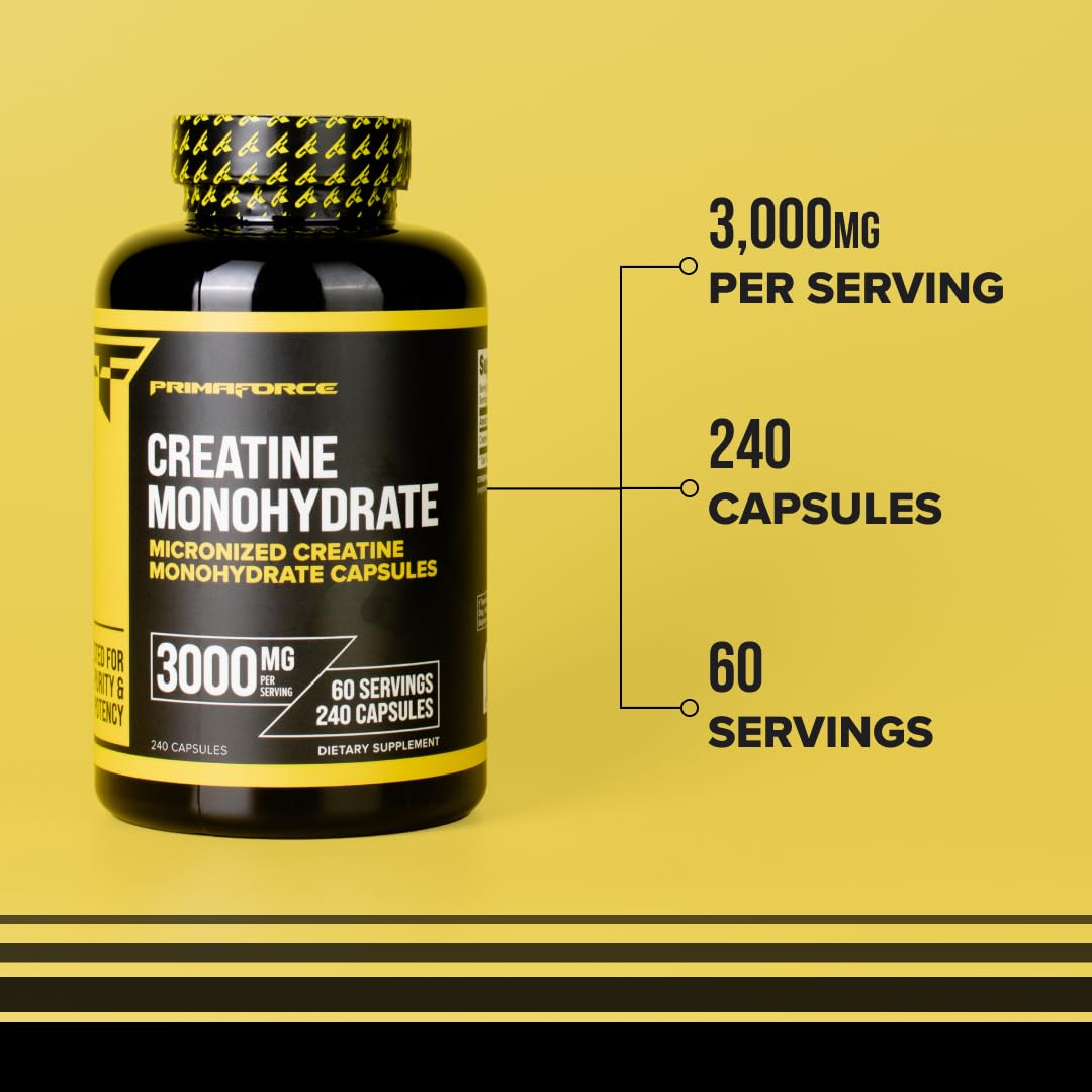 Primaforce Creatine Monohydrate Capsules - 240 Capsules, 3,000mg per Serving, Gluten Free and Non-GMO - Maple Wellness Supplements