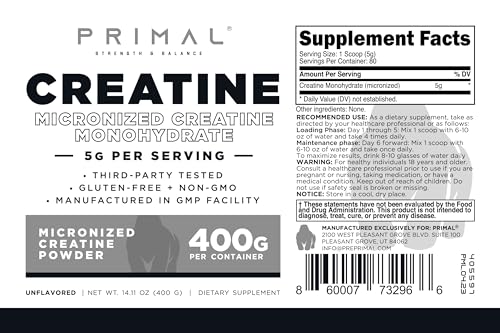 Primal Creatine Monohydrate Powder (400 Grams) | Unflavored Micronized Creatine - Maple Wellness Supplements