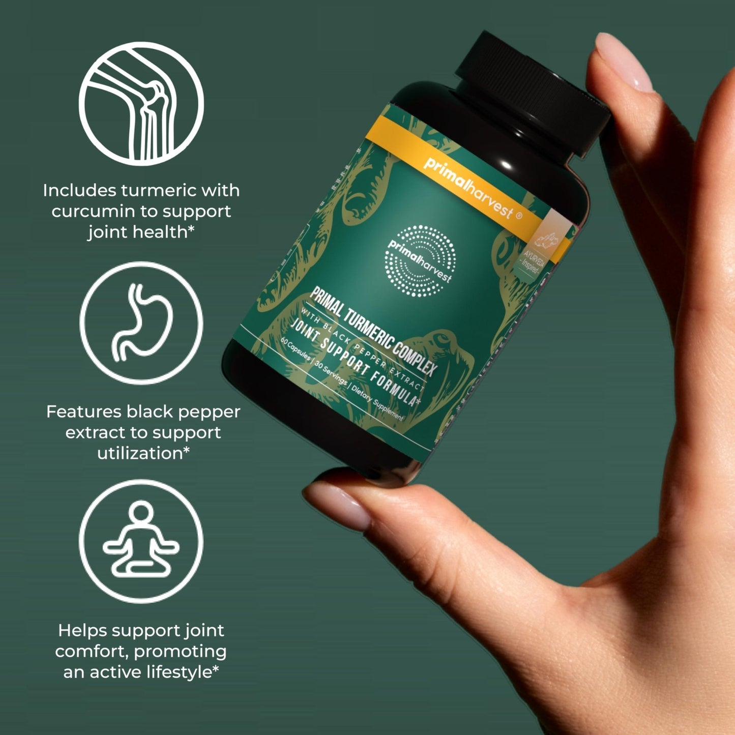 Primal Harvest 1 Pack, Primal Turmeric Complex w/Black Pepper Extract, Joint and Mobility Support Turmeric Supplement for Women & Men, 60 Capsules - Maple Wellness Supplements