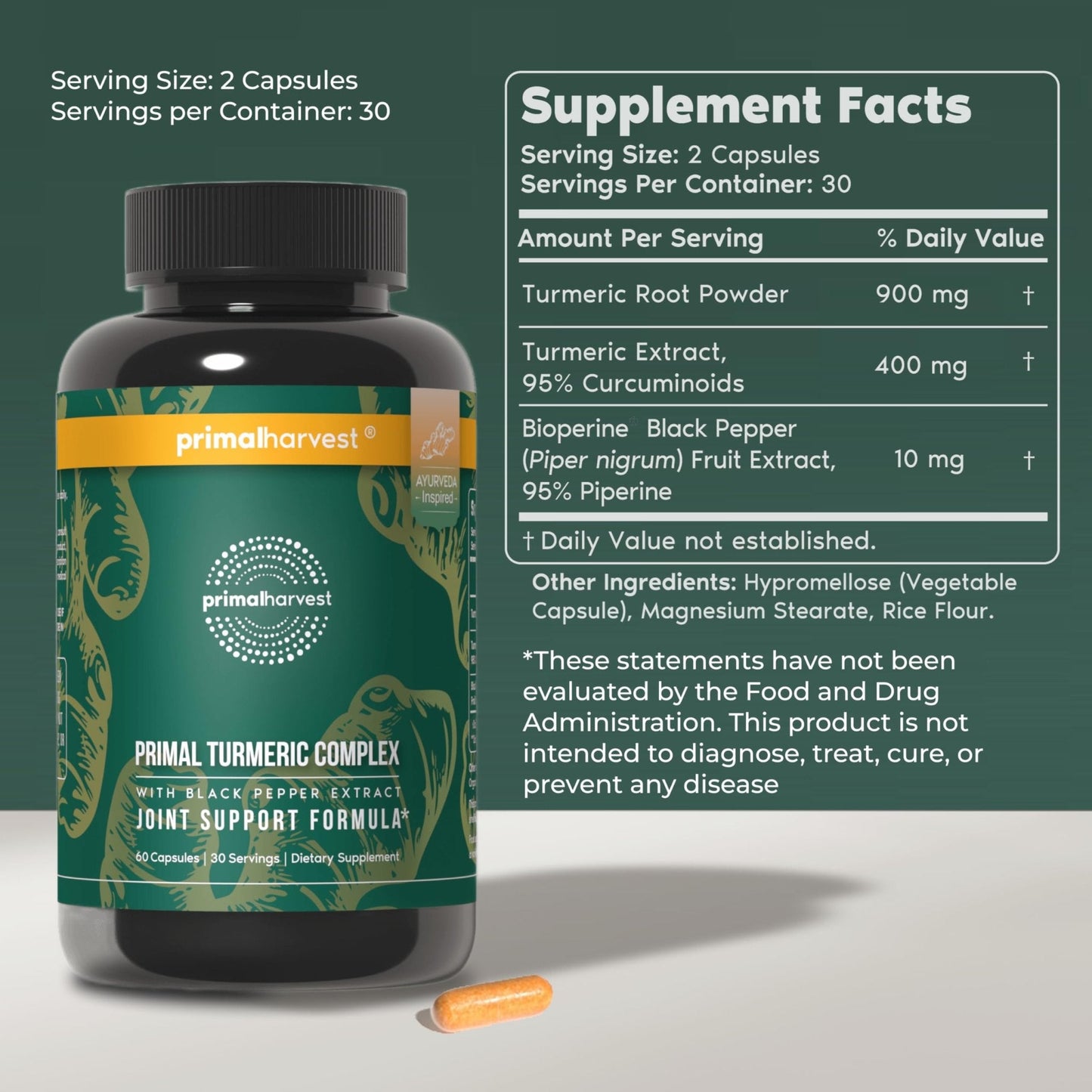 Primal Harvest 1 Pack, Primal Turmeric Complex w/Black Pepper Extract, Joint and Mobility Support Turmeric Supplement for Women & Men, 60 Capsules - Maple Wellness Supplements