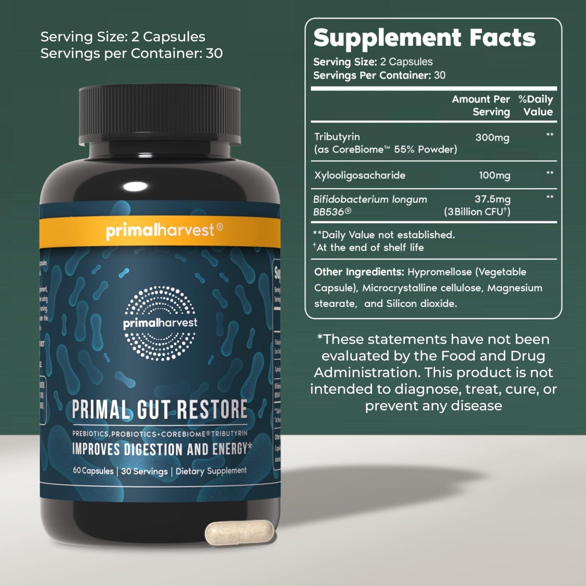 Primal Harvest 2 Pack, Restore for Gut Health, Primal Gut Restore w/POSTbiotics, PREbiotics and PRObiotics for Women and Men, 60 CT - Digestion, - Maple Wellness Supplements
