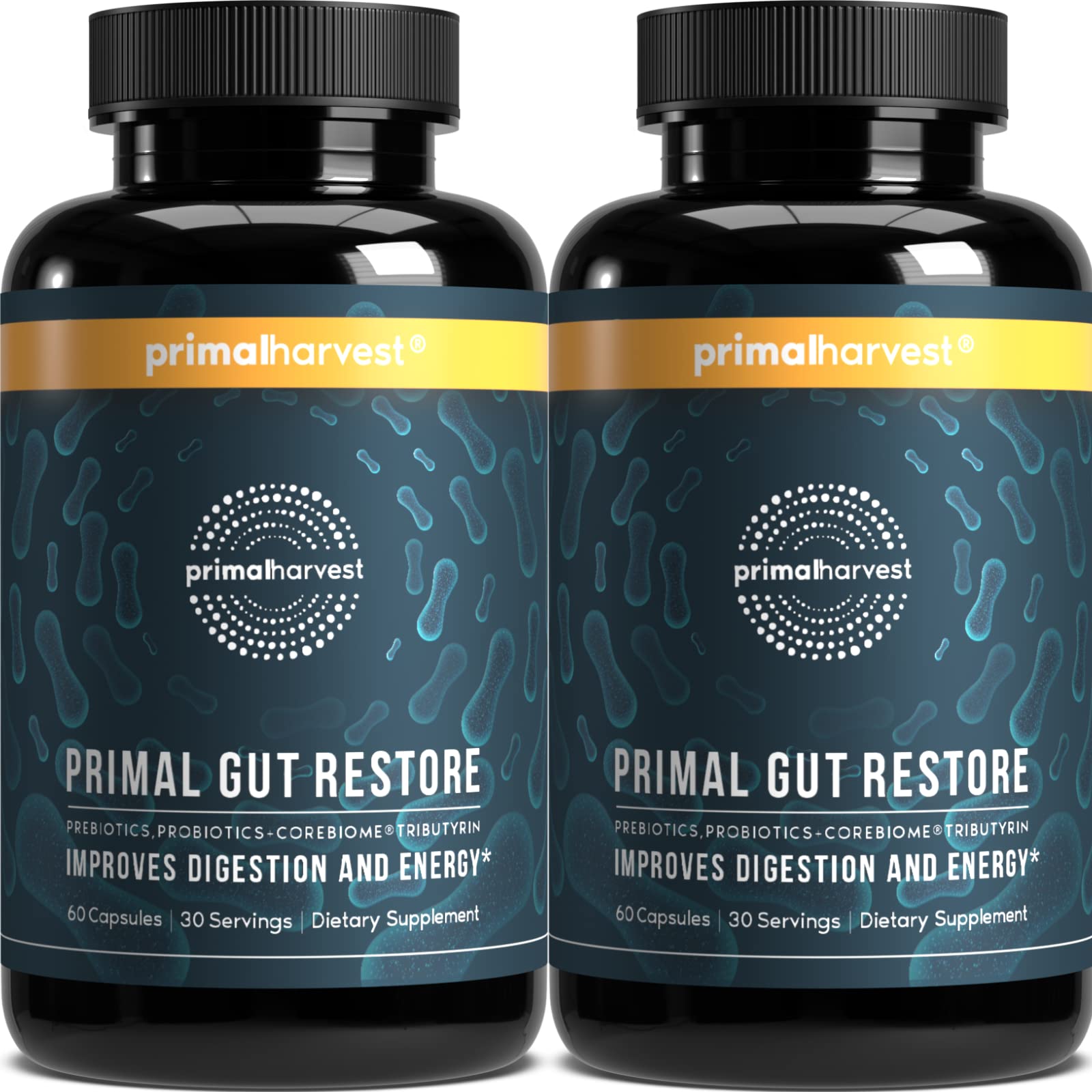 Primal Harvest 2 Pack, Restore for Gut Health, Primal Gut Restore w/POSTbiotics, PREbiotics and PRObiotics for Women and Men, 60 CT - Digestion, - Maple Wellness Supplements