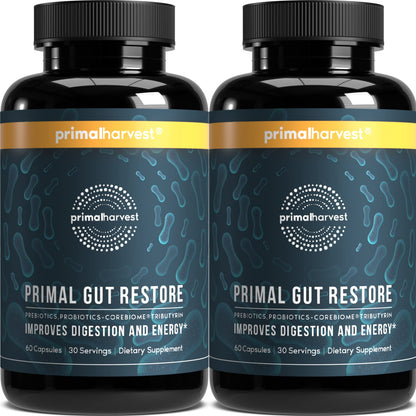 Primal Harvest 2 Pack, Restore for Gut Health, Primal Gut Restore w/POSTbiotics, PREbiotics and PRObiotics for Women and Men, 60 CT - Digestion, - Maple Wellness Supplements
