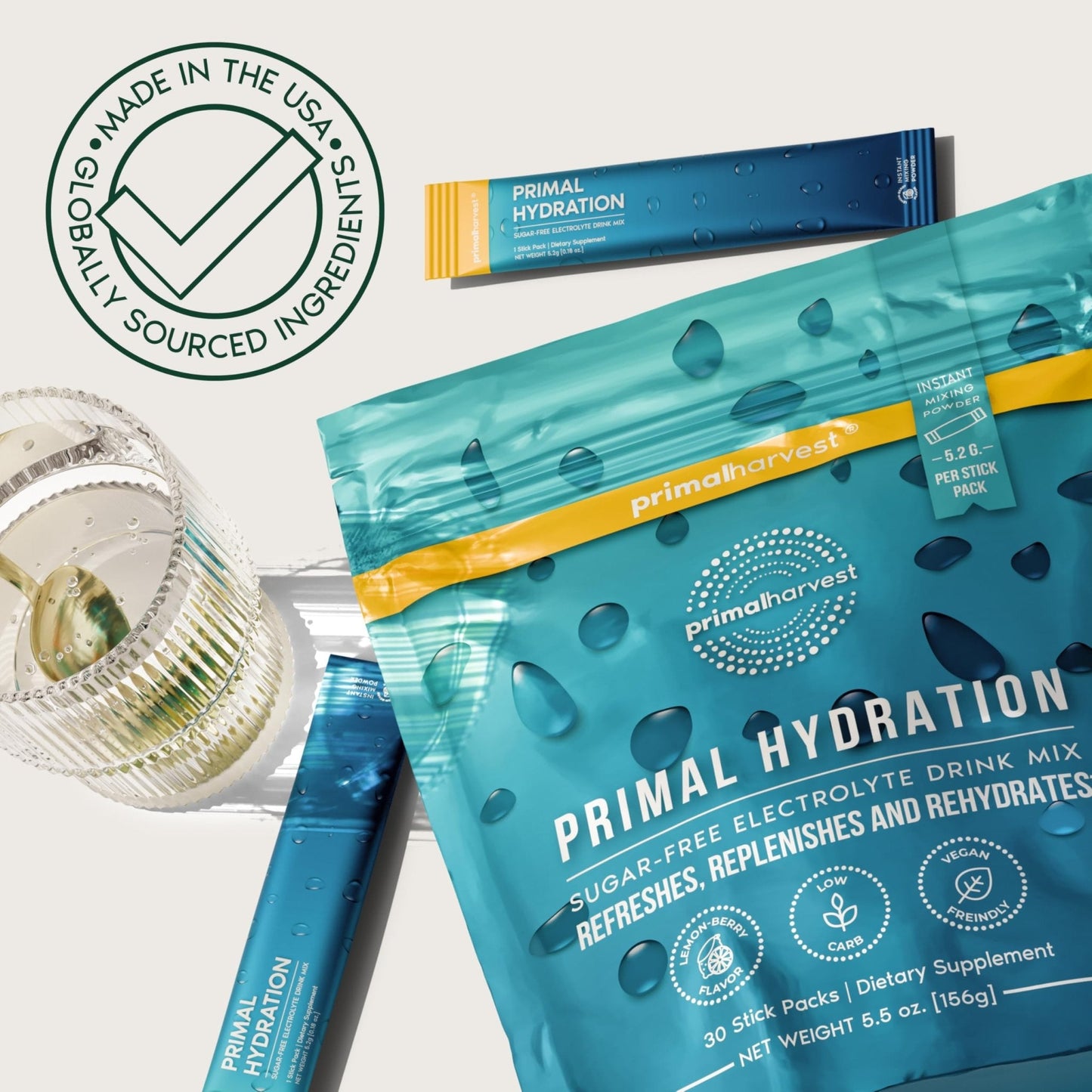 Primal Harvest Electrolytes Powder Packets Primal Hydration, Easy Open Packets, Energy Drink Mix (Lemon Berry, 30 Packs) (1 Bag) - Maple Wellness Supplements