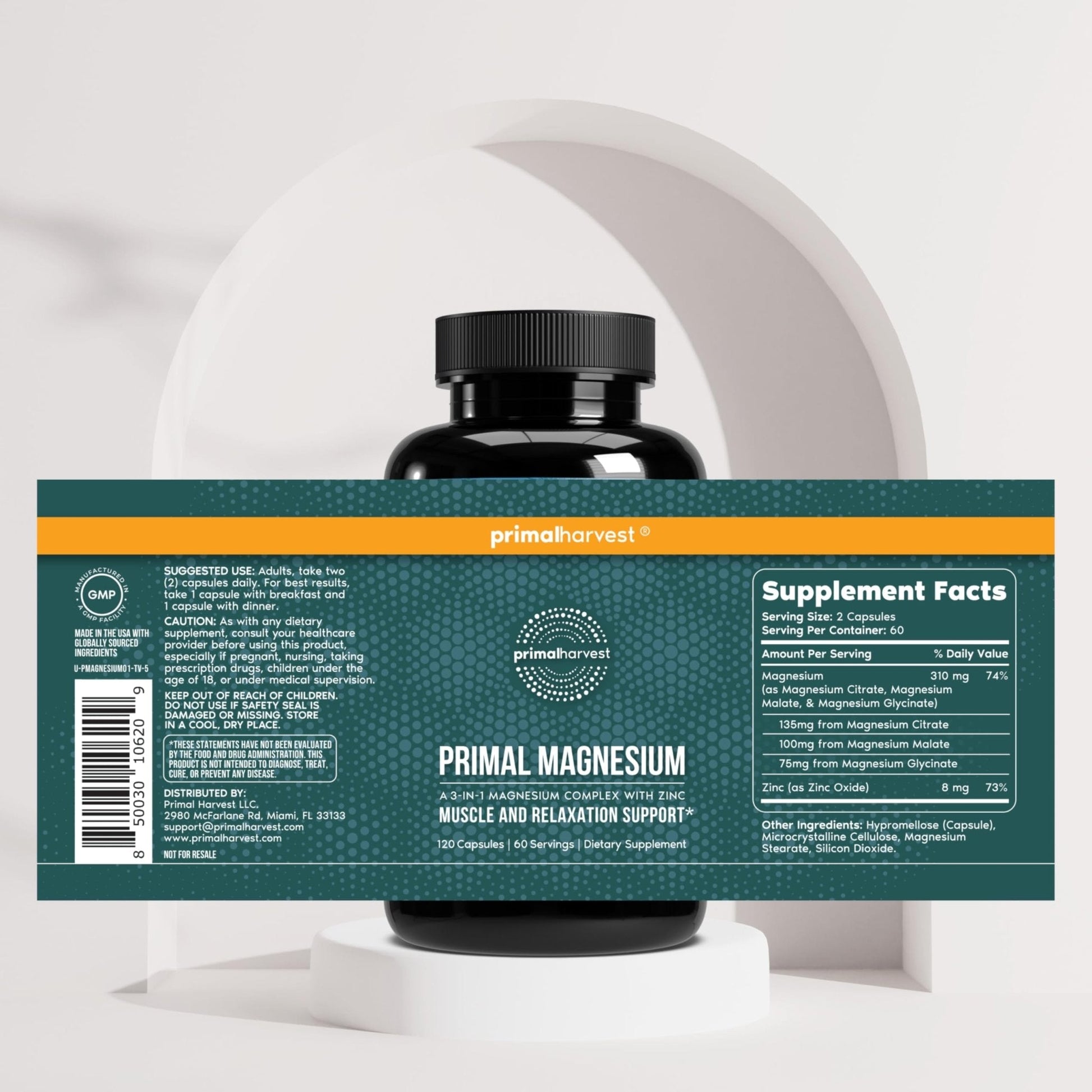 Primal Harvest Magnesium Supplement Complex 310mg by Primal Harvest with Magnesium Glycinate, Citrate, Malate, and Zinc 2 Pack, 240 Capsules - Maple Wellness Supplements
