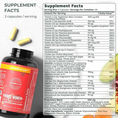 Primal Harvest Multivitamin for Women Vitamin A, Vitamin C, Vitamin D and E, Vitamin B12, B6, Biotin, Zinc Supplements - Maple Wellness Supplements