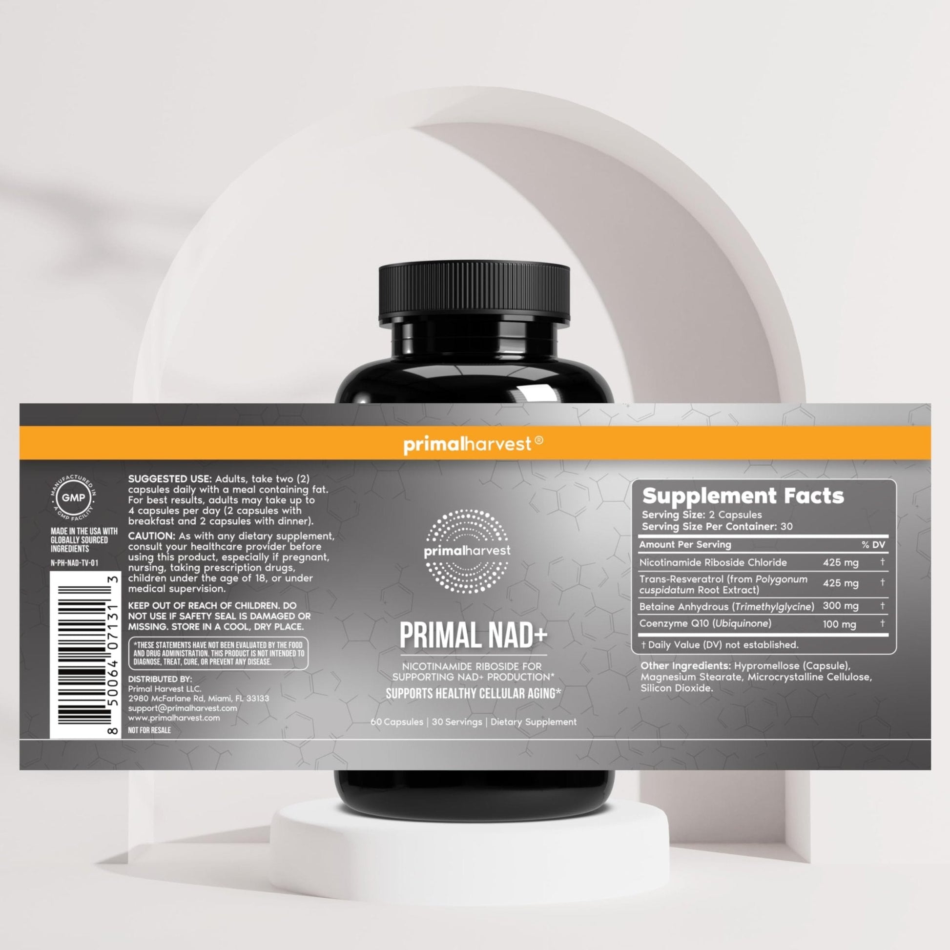 Primal Harvest NAD+ Supplement: Nicotinamide Riboside, Trans-Resveratrol, Betaine, CoQ10, NAD Supplements for Cellular Health, Energy, and Mitochondrial Support - Maple Wellness Supplements