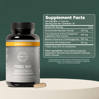 Primal Harvest NAD+ Supplement: Nicotinamide Riboside, Trans-Resveratrol, Betaine, CoQ10, NAD Supplements for Cellular Health, Energy, and Mitochondrial Support (60 Count (1 Pack) - Maple Wellness Supplements