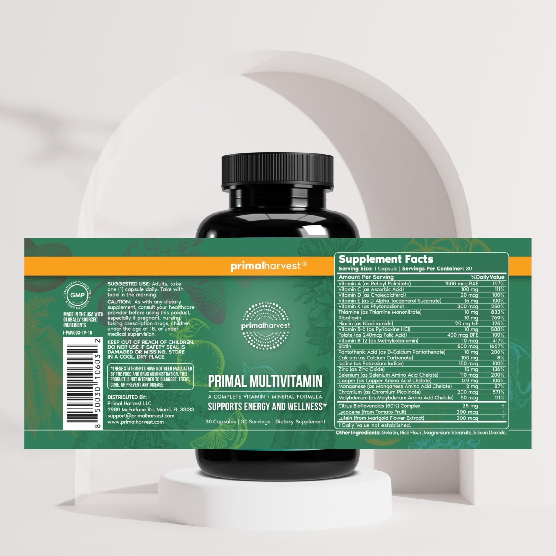 Primal Harvest Primal Multivitamin - Daily Multi-Vitamin Supplement with 21 Essential Vitamins & Minerals for Women & Men - Vitamin A, C, D, E, B12, B6 - Maple Wellness Supplements