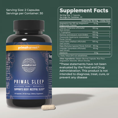 Primal Harvest Primal Sleep Support Supplement for Adults with Melatonin, GABA, Valerian Root, L-Tryptophan, Magnesium Bisglycinate Chelate - Maple Wellness Supplements