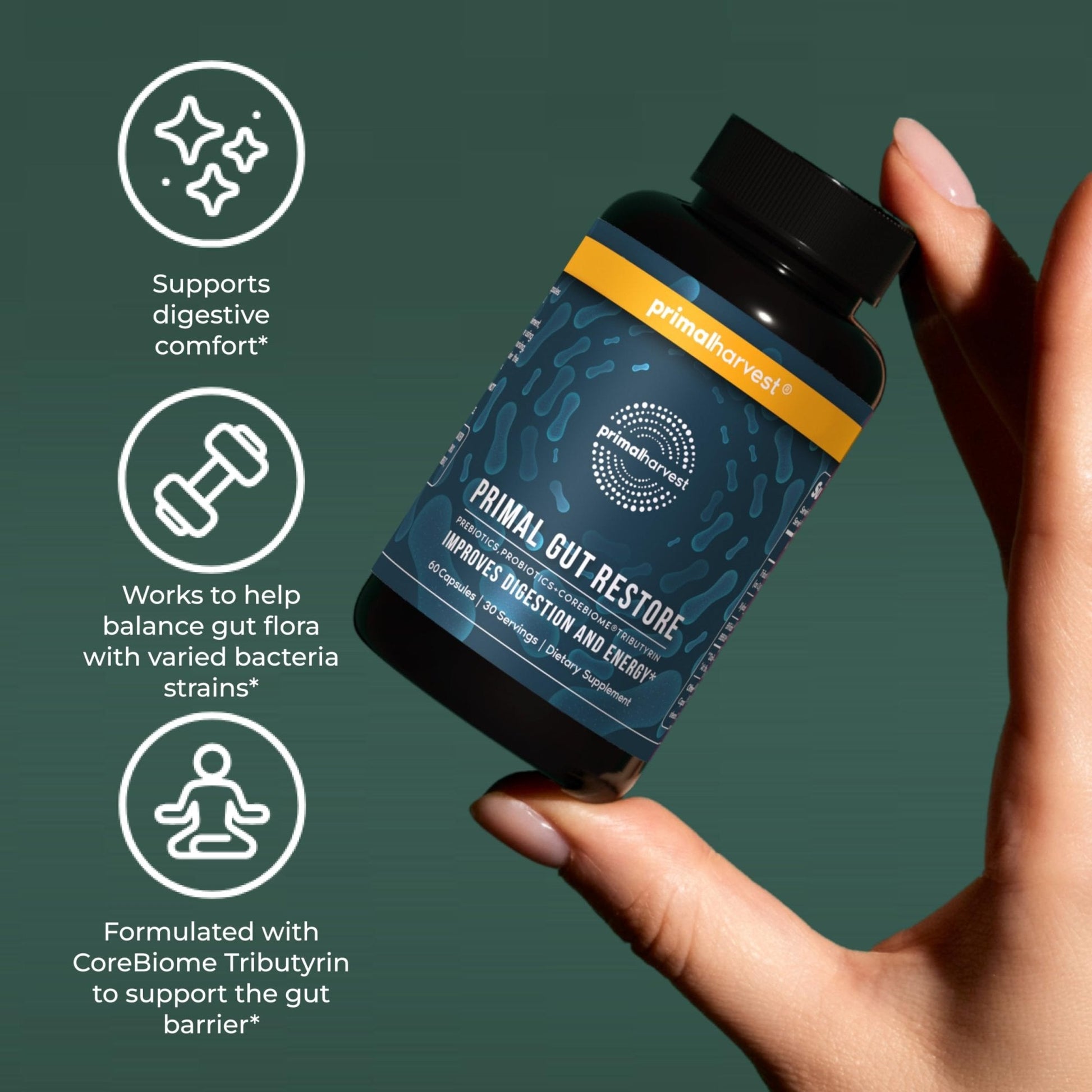 Primal Harvest Restore for Gut Health, Primal Gut Restore w/POSTbiotics, PREbiotics and PRObiotics for Women and Men, 60 CT - Digestion, Colon Cleanse, - Maple Wellness Supplements
