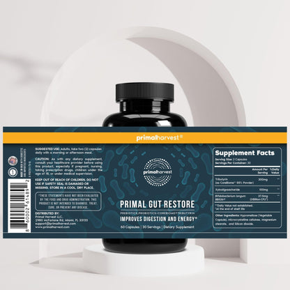 Primal Harvest Restore for Gut Health, Primal Gut Restore w/POSTbiotics, PREbiotics and PRObiotics for Women and Men, 60 CT - Digestion, Colon Cleanse, - Maple Wellness Supplements