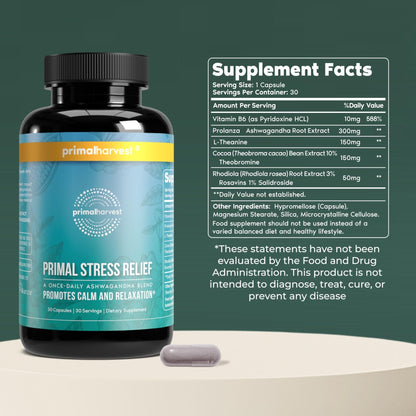 Primal Harvest Stress Relief Supplement for Women and Men Pure Ashwagandha Root Extract, L-Theanine Supplements, 30 Capsules - Maple Wellness Supplements