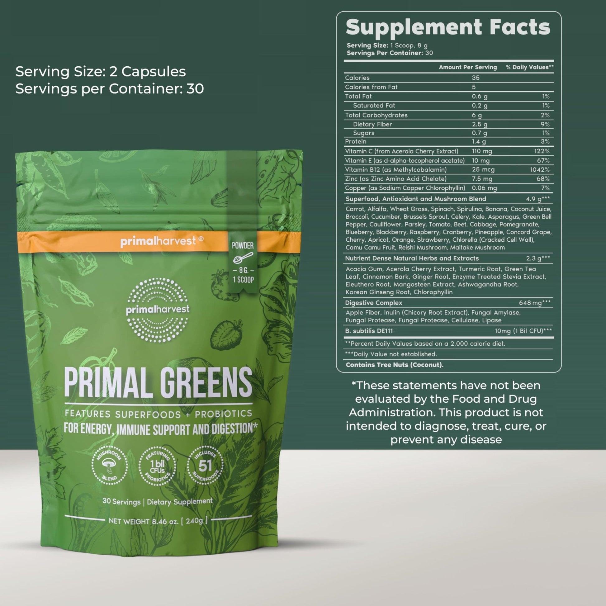 Primal Harvest Super Greens Powder, 30 Servings w/+50 Greens Superfood Chlorella, Probiotics, Green Tea, Wheatgrass, - Maple Wellness Supplements