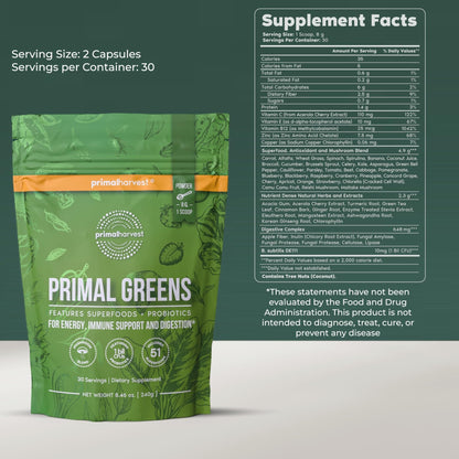 Primal Harvest Super Greens Powder, 30 Servings w/+50 Greens Superfood Chlorella, Probiotics, Green Tea, Wheatgrass, - Maple Wellness Supplements