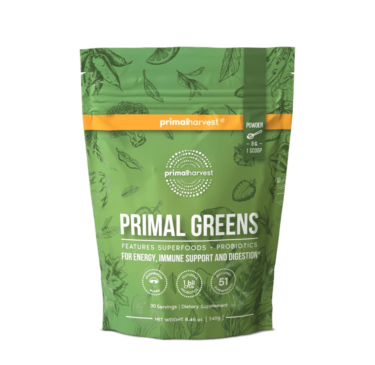 Primal Harvest Super Greens Powder, 30 Servings w/+50 Greens Superfood Chlorella, Probiotics, Green Tea, Wheatgrass, - Maple Wellness Supplements