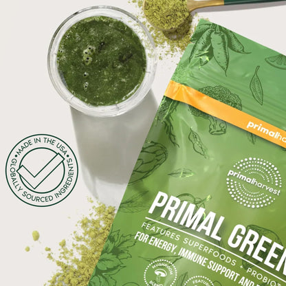 Primal Harvest Super Greens Powder, 30 Servings w/+50 Greens Superfood Chlorella, Probiotics, Green Tea, Wheatgrass, - Maple Wellness Supplements