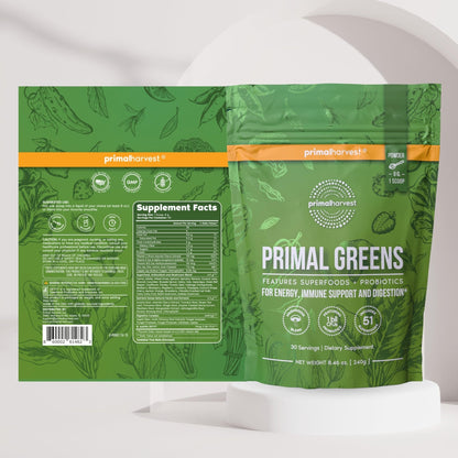 Primal Harvest Super Greens Powder, 30 Servings w/+50 Greens Superfood Chlorella, Probiotics, Green Tea, Wheatgrass, - Maple Wellness Supplements
