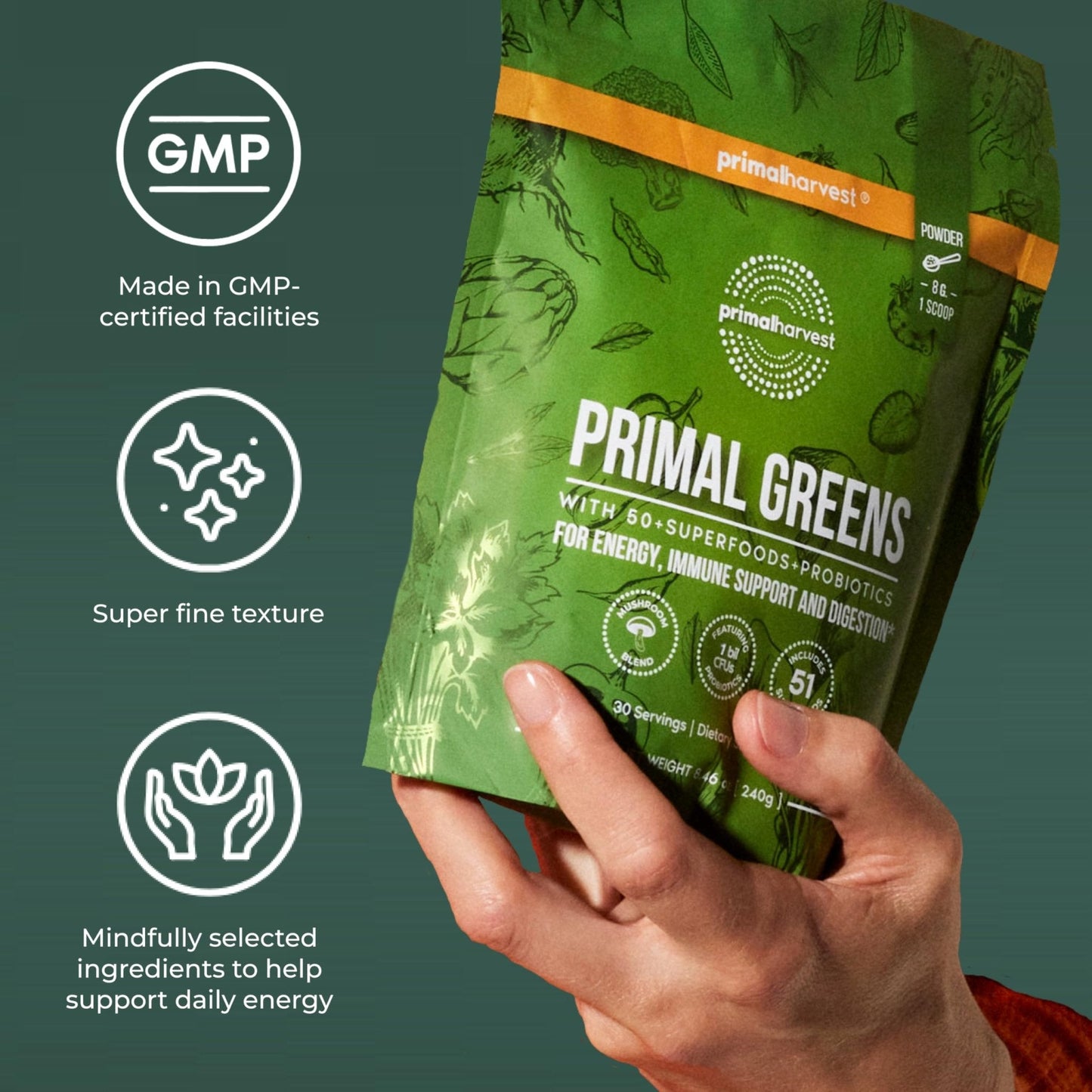 Primal Harvest Super Greens Powder, 30 Servings w/+50 Greens Superfood Chlorella, Probiotics, Green Tea, Wheatgrass, - Maple Wellness Supplements