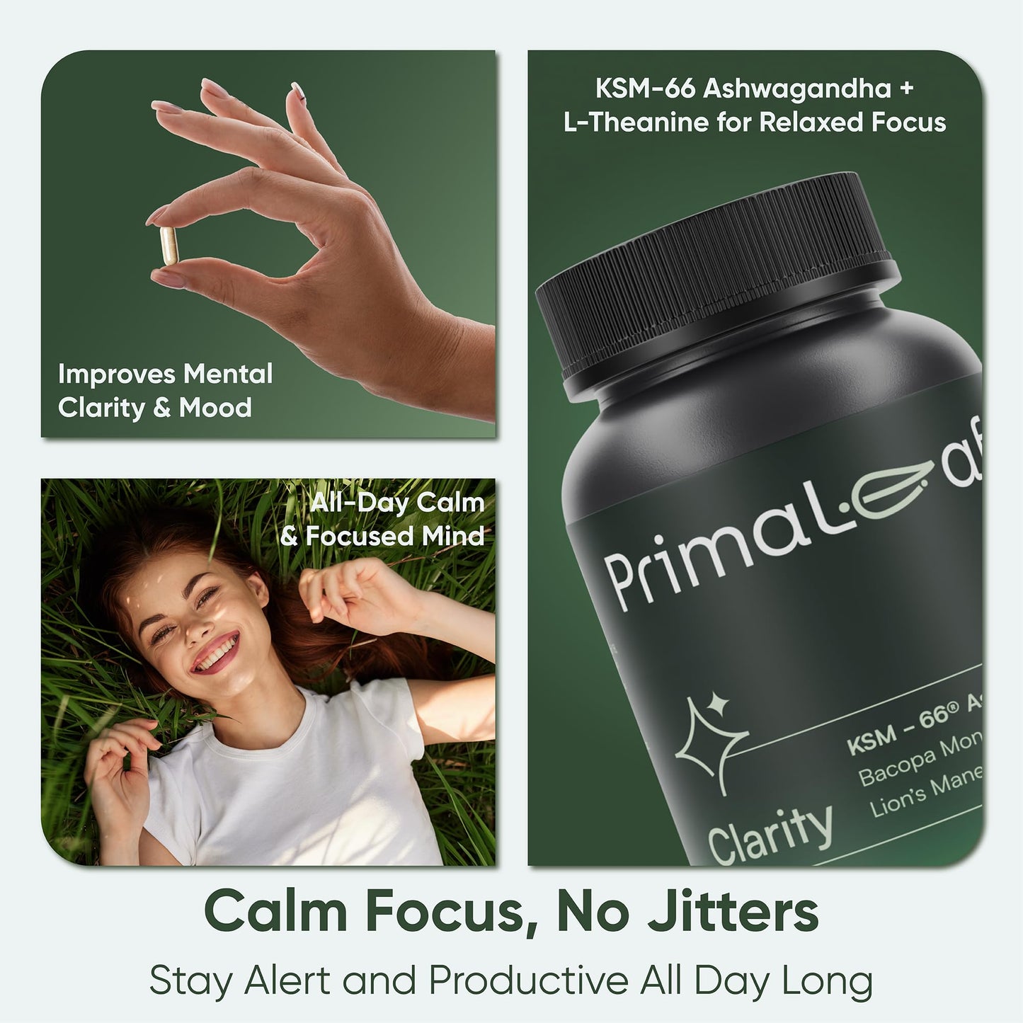 PrimaLeaf Clarity Nootropics Brain Supplement for Focus, Memory, & Stress Relief | Natural Nootropic with KSM66 Ashwagandha, Lions Mane, Bacopa, L Theanine | Cognitive & Mood Support | 60 Veg Capsules - Maple Wellness Supplements