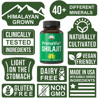 PrimaVie Purified Shilajit Capsules Made with Pure Shilajit Powder. Clinically Tested Natural Supplement with 40+ Trace Minerals, Fulvic Acid. Tablets Support Mitochondria + Brain Function - Maple Wellness Supplements