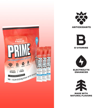 PRIME HYDRATION+ Electrolyte Powder Sticks, Cherry Freeze, Sugar Free Hydration Drink Mix with Potassium, Magnesium & B Vitamins - Maple Wellness Supplements