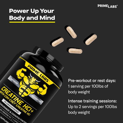 Prime Labs Creatine HCl Capsules - with CON-CRĒT®, Rhodiola Root Extract, & L-Theanine - Muscle Support, Endurance, Cognitive Function - for Men & Women - 60 Pills - Maple Wellness Supplements