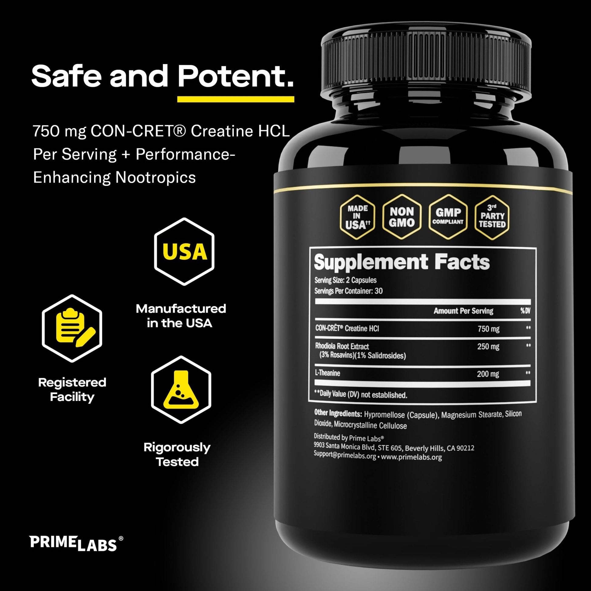 Prime Labs Creatine HCl Capsules - with CON-CRĒT®, Rhodiola Root Extract, & L-Theanine - Muscle Support, Endurance, Cognitive Function - for Men & Women - 60 Pills - Maple Wellness Supplements