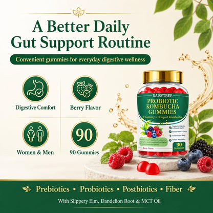 PRIMEHAVEN Probiotic Kombucha Gummies - Prebiotics, Probiotics, Postbiotics, Fiber Supplement, Slippery Elm, Dandelion Root, for Bloating, Gut Health - Maple Wellness Supplements