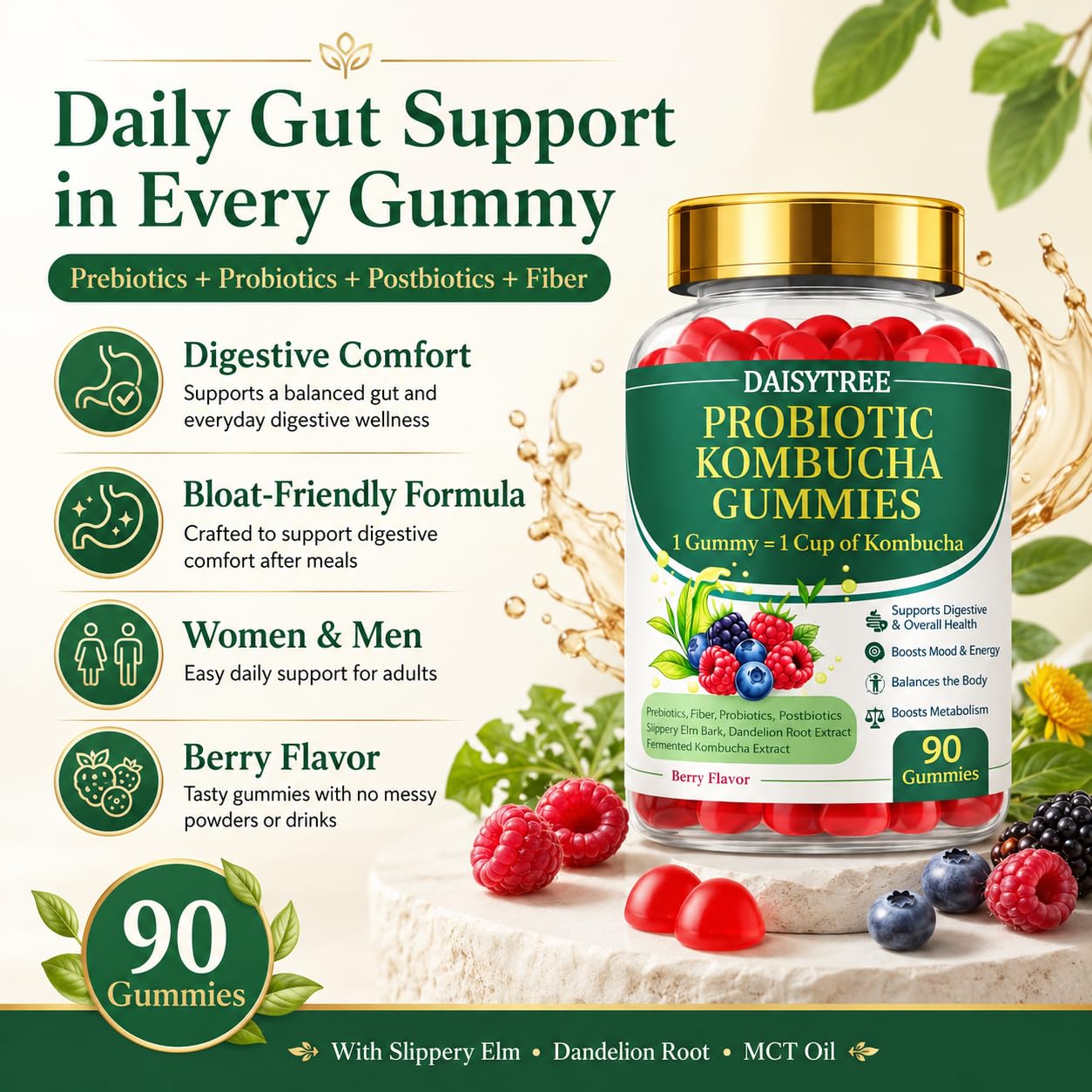 PRIMEHAVEN Probiotic Kombucha Gummies - Prebiotics, Probiotics, Postbiotics, Fiber Supplement, Slippery Elm, Dandelion Root, for Bloating, Gut Health - Maple Wellness Supplements