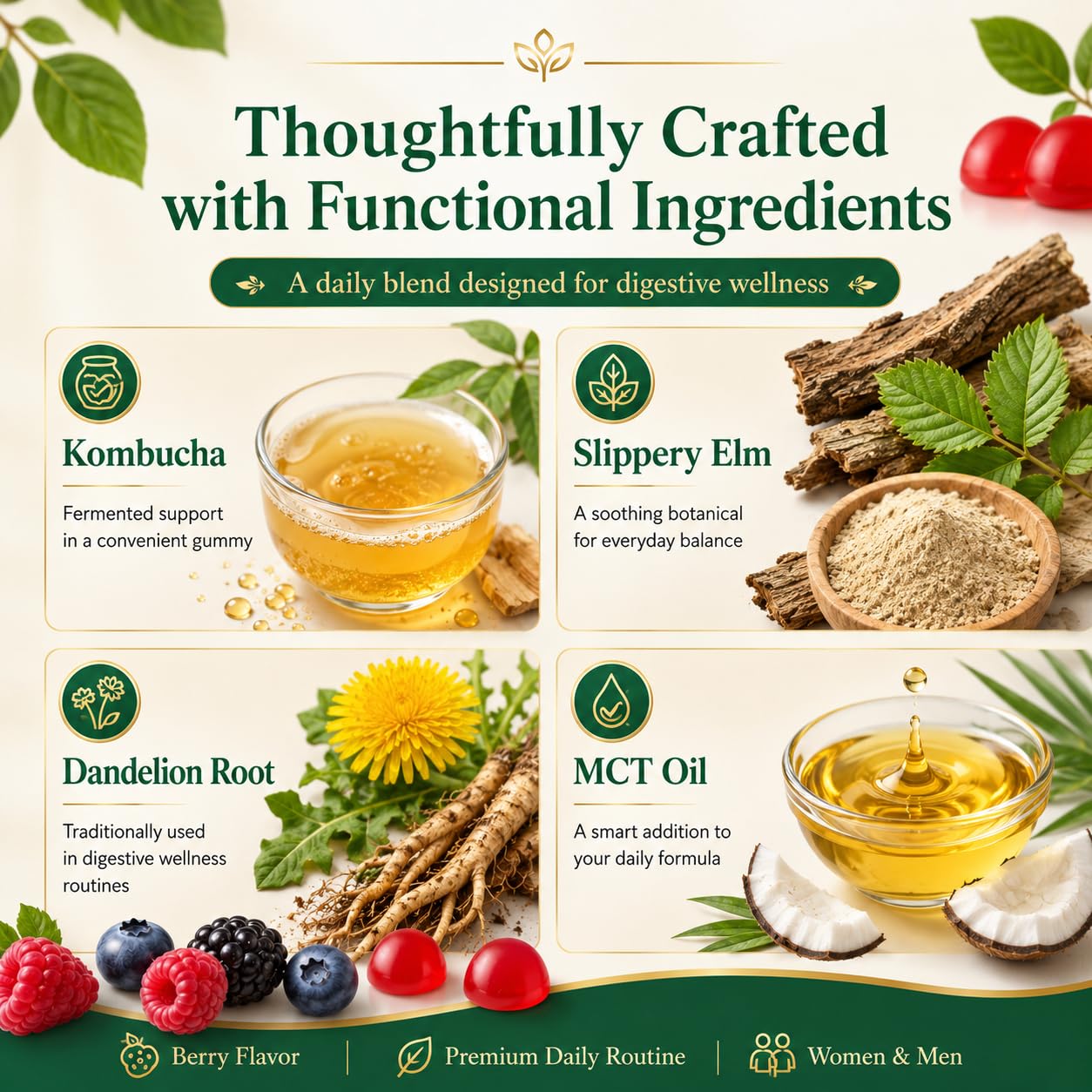 PRIMEHAVEN Probiotic Kombucha Gummies - Prebiotics, Probiotics, Postbiotics, Fiber Supplement, Slippery Elm, Dandelion Root, for Bloating, Gut Health - Maple Wellness Supplements
