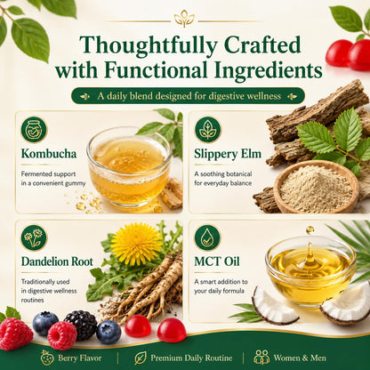 PRIMEHAVEN Probiotic Kombucha Gummies - Prebiotics, Probiotics, Postbiotics, Fiber Supplement, Slippery Elm, Dandelion Root, for Bloating, Gut Health - Maple Wellness Supplements