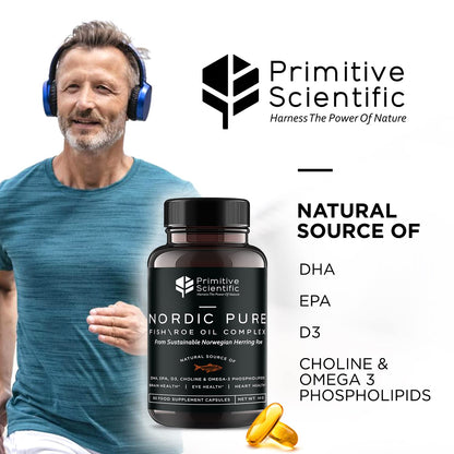 Primitive Scientific Nordic Pure Oil Complex (60 Fish Oil Capsules) for Brain, Immunity & Vision - Heart Supplement w/EPA, DHA, Vitamin D3, Choline - Omega 3 Supplements - Maple Wellness Supplements