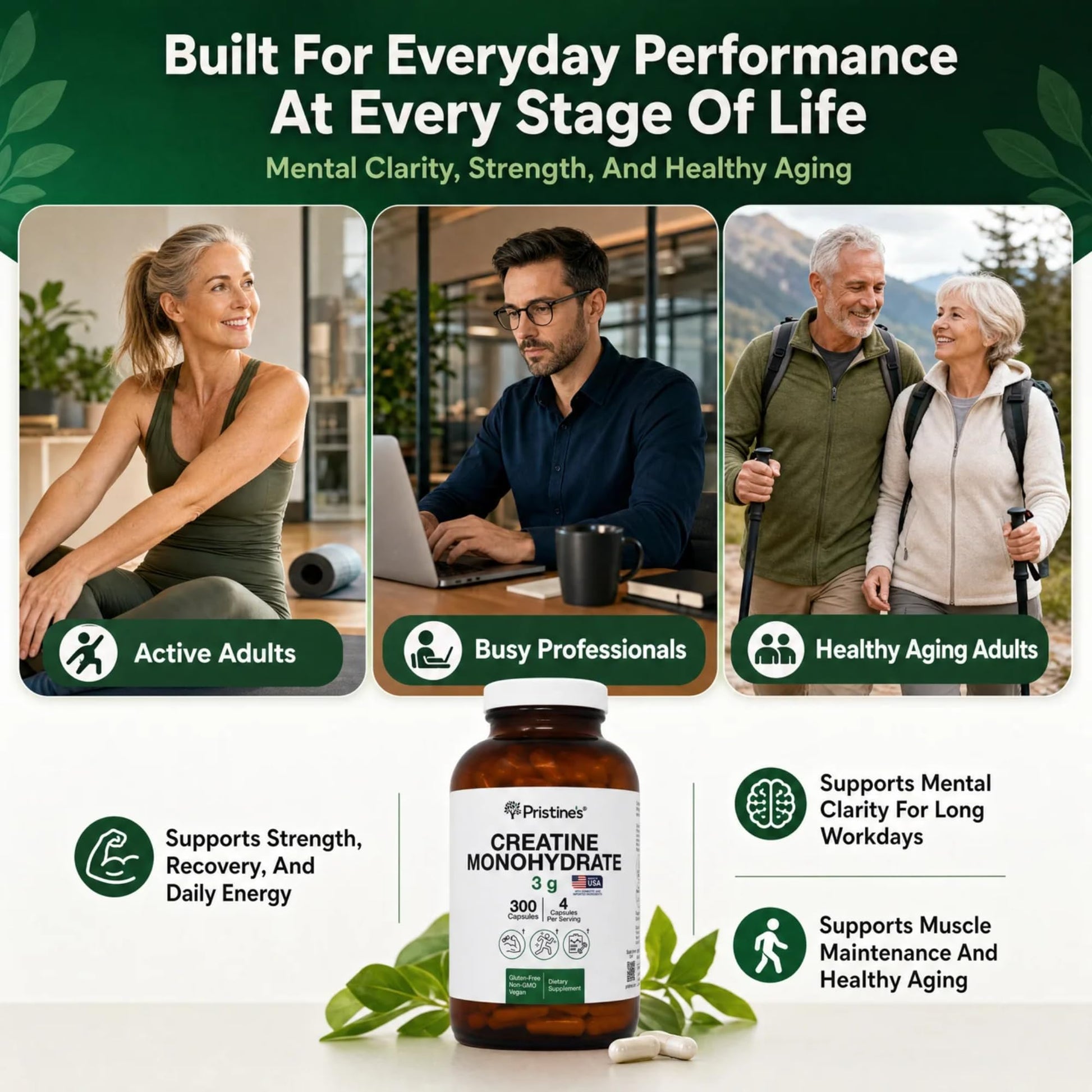 PRISTINE'S Creatine Monohydrate Capsules for Women & Men - NSF Certified 75 Day Supply 3G Creatine Pills for Women - Cognitive & Athletic Performance Support - Maple Wellness Supplements