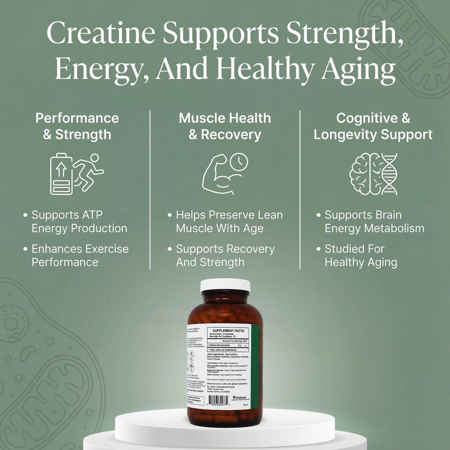 PRISTINE'S Creatine Monohydrate Capsules for Women & Men - NSF Certified 75 Day Supply 3G Muscle Growth Support Supplement - Cognitive & Athletic Performance Support - Enhanced Recovery - Maple Wellness Supplements