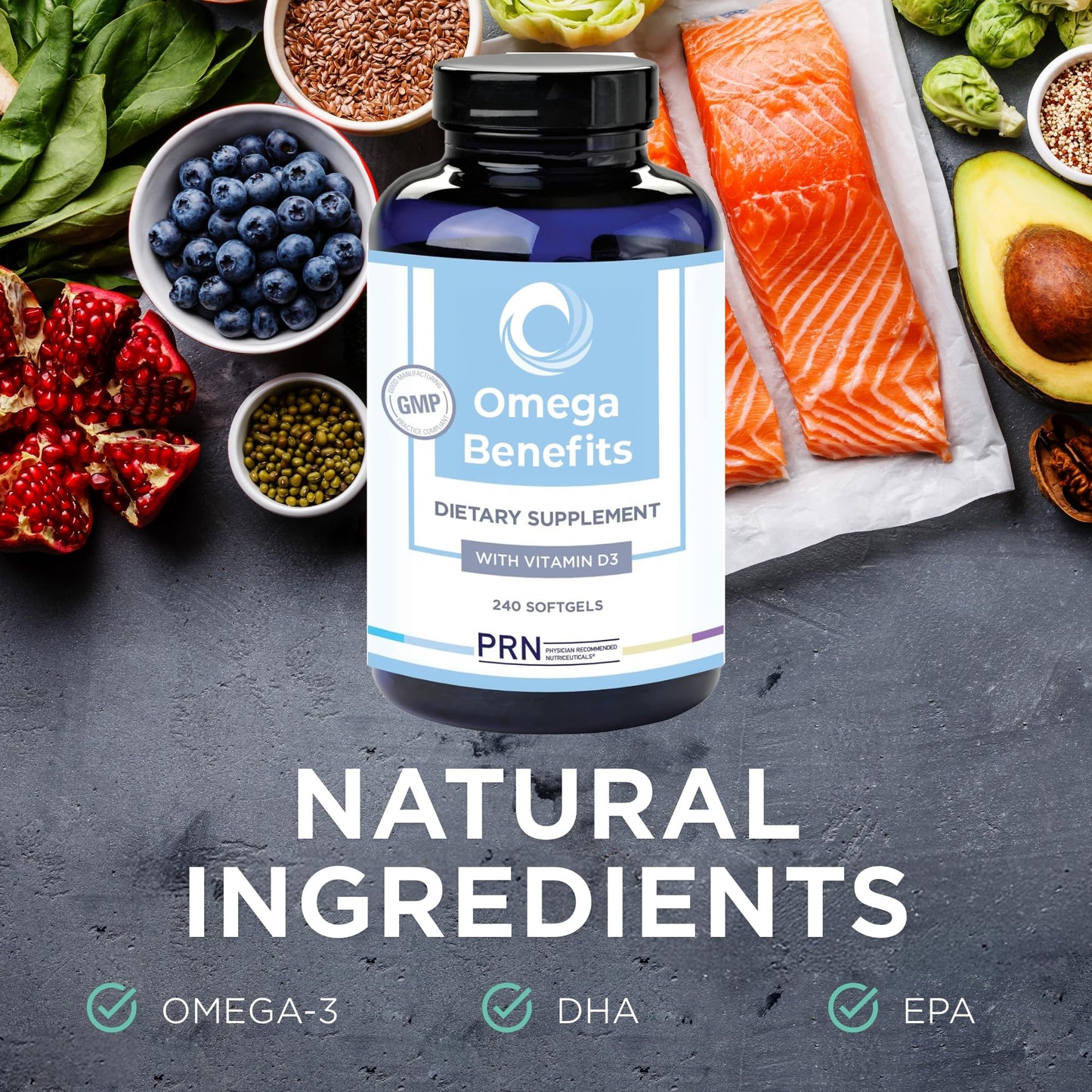 PRN Omega 3 Supplement - 240 Softgels, 60-Day Supply - Fish Oil Omega 3 Supplements with 1680 mg EPA & 560 mg DHA - rTG Omega-3 + Vitamin D for Skin, Joint, Brain, Eye & Heart Health - Maple Wellness Supplements