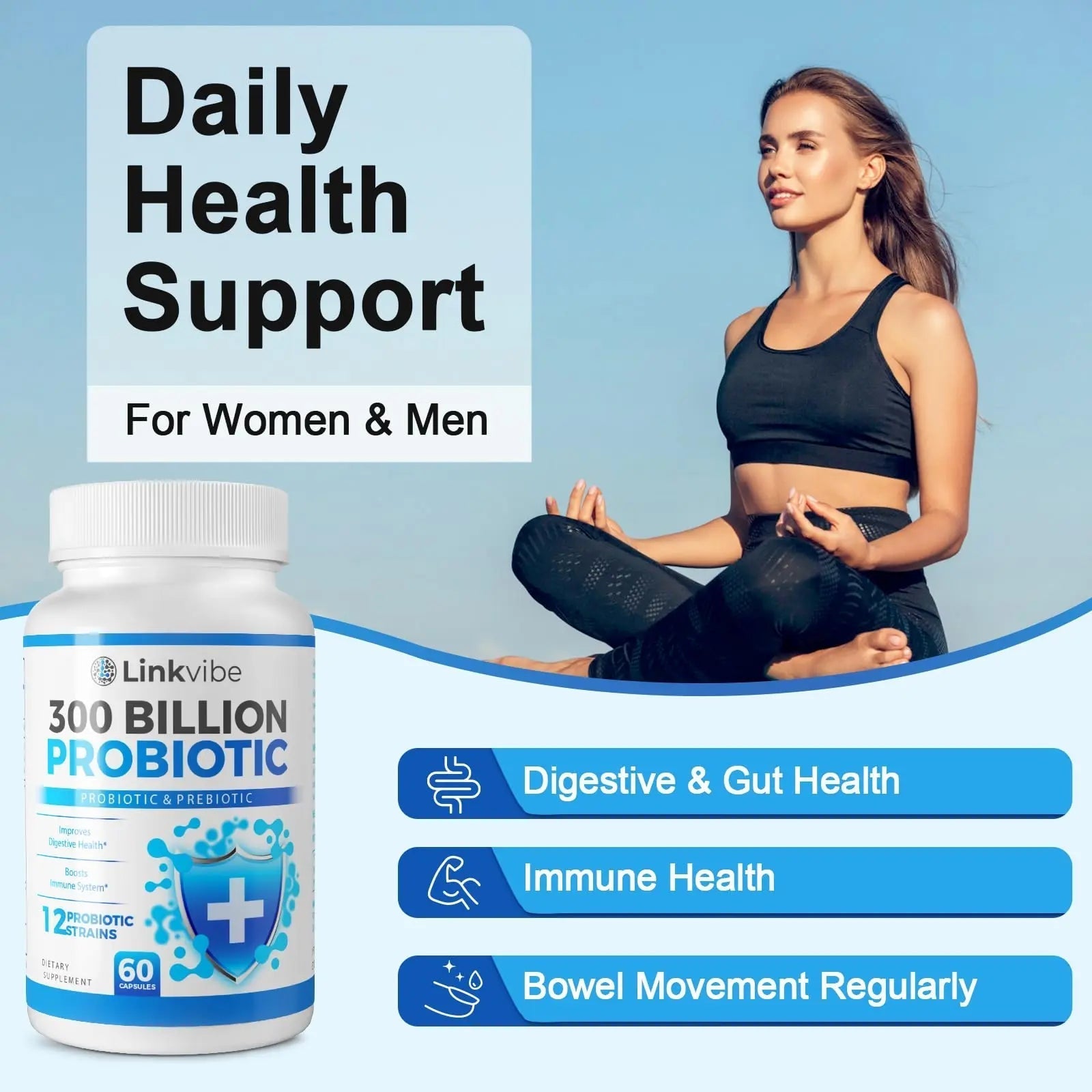 Probiotic 300 Billion CFU - 12 Strains with Organic Prebiotics for Digestive & Gut, Immune, Bloating Health - Probiotics for Women and Men - Daily Dairy Free, Shelf Stable - 60 Counts - Maple Wellness Supplements