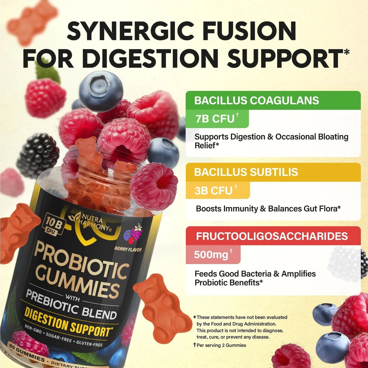Probiotic Gummies 10B CFU with Prebiotic Fiber - Digestion & Immune Support - Debloat, Stomach & Gut Comfort - Probiotics for Women & Men - Natural Berry Flavor - Vegan & Sugar-free - 60 Gummies - Maple Wellness Supplements