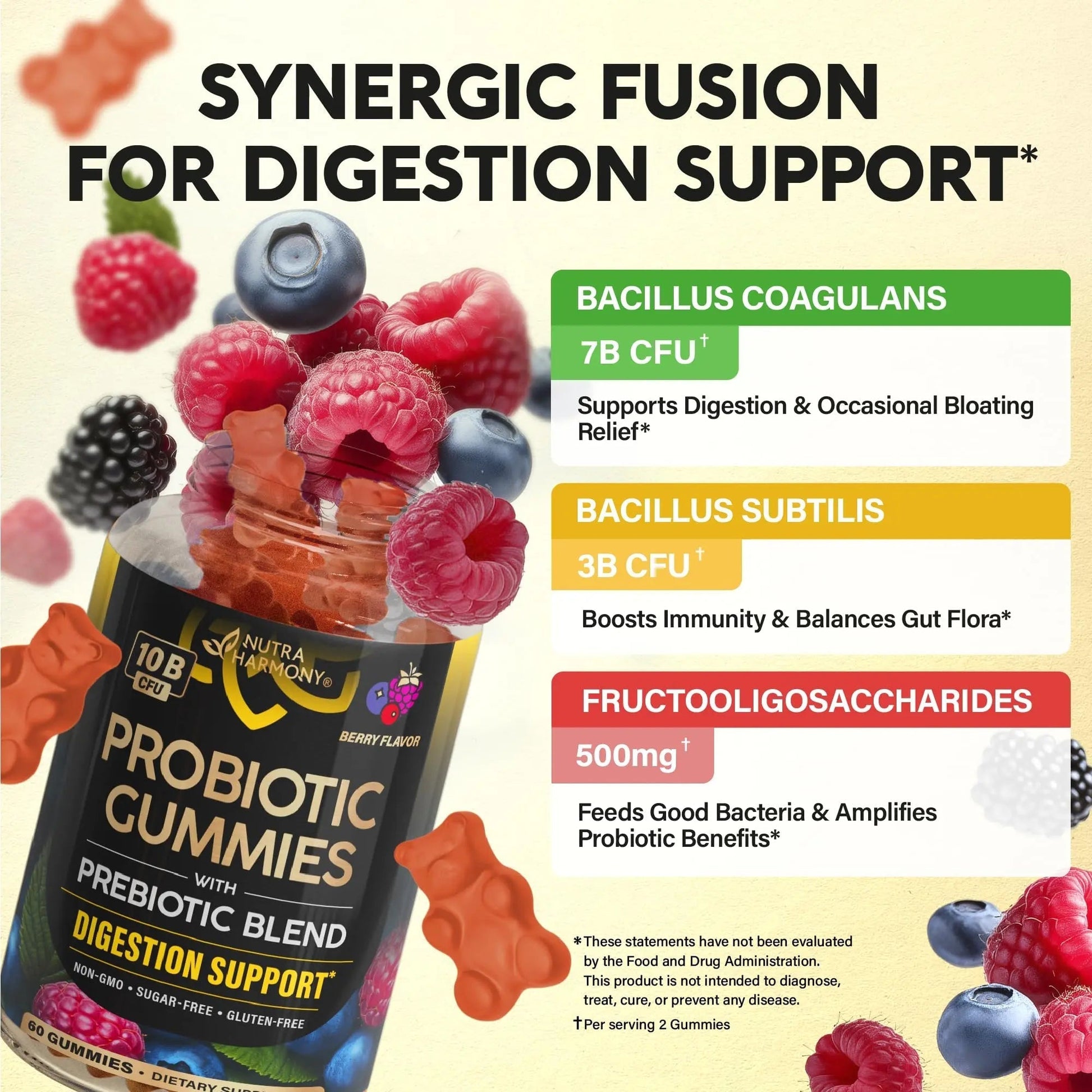 Probiotic Gummies 10B CFU with Prebiotic Fiber - Digestion & Immune Support - Debloat, Stomach & Gut Comfort - Probiotics for Women & Men - Natural Berry Flavor - Vegan & Sugar-free - 60 Gummies - Maple Wellness Supplements