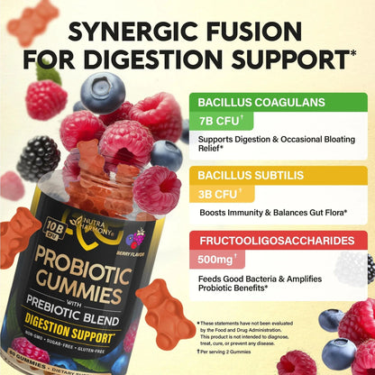 Probiotic Gummies 10B CFU with Prebiotic Fiber - Digestion & Immune Support - Debloat, Stomach & Gut Comfort - Probiotics for Women & Men - Natural Berry Flavor - Vegan & Sugar-free - 60 Gummies - Maple Wellness Supplements
