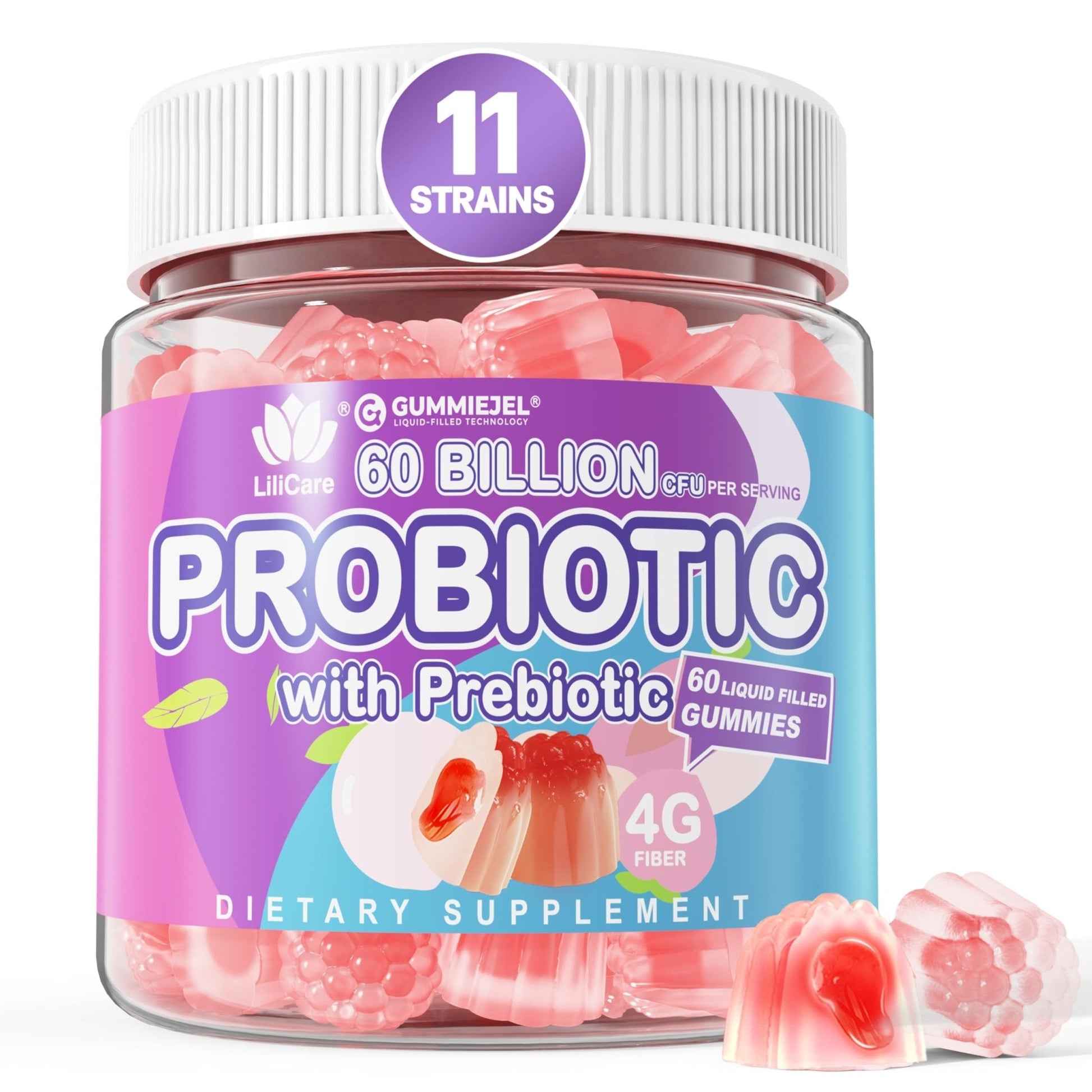 Probiotic Gummies 60 Billion CFU for Women Men & Kids, 11 Strains Probiotics + Organic Prebiotics Fiber for Immune, Digestive Health, Supports Constipation, - Maple Wellness Supplements