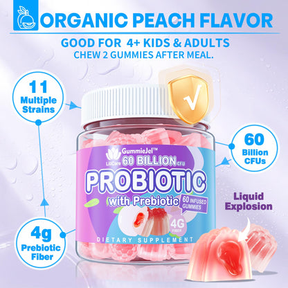 Probiotic Gummies 60 Billion CFU for Women Men & Kids, 11 Strains Probiotics + Organic Prebiotics Fiber for Immune, Digestive Health, Supports Constipation, - Maple Wellness Supplements