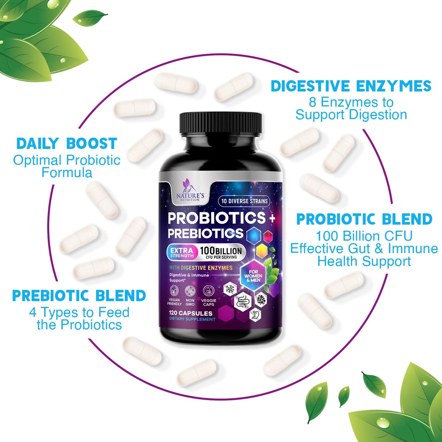Probiotics 100 Billion CFU Per Serving - 10 Premium Strains + Prebiotics - Best Probiotic Supplement for Women & Men - Supports Immune, Digestive Health, - Maple Wellness Supplements